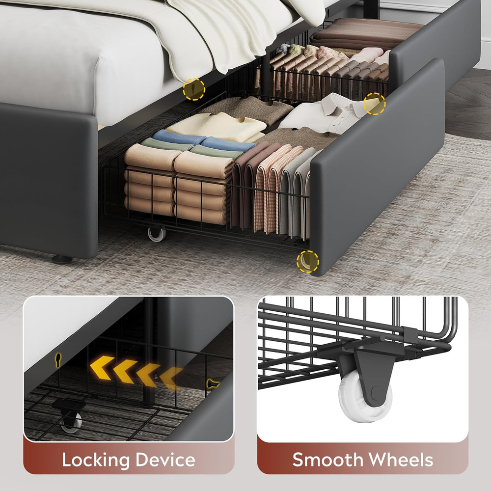 WLIVE Queen Size Upholstered Bed Frame with 4 Storage Drawers and Headboard, Vel