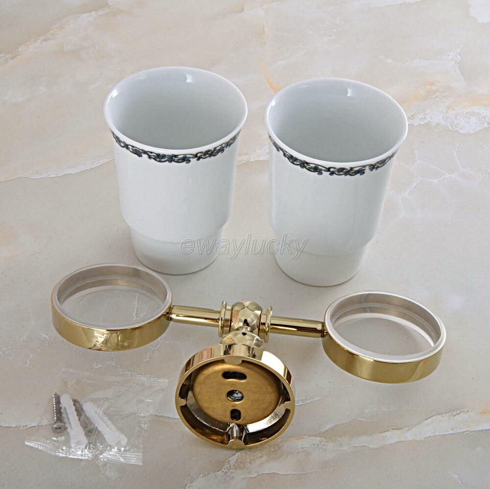 Gold Brass Toothbrush Holder with Ceramic Cups Wall Mounted Bathroom Accessory