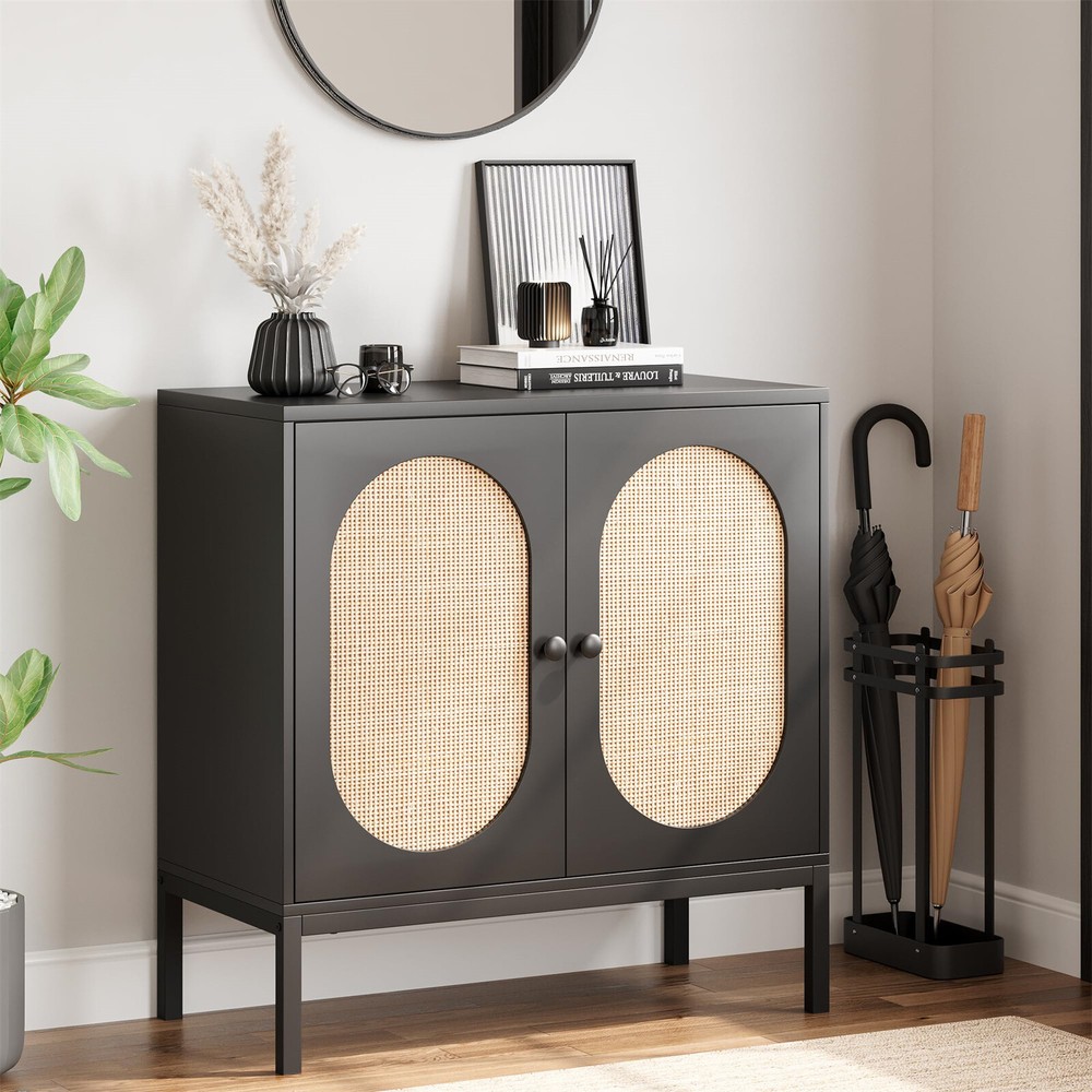 Sideboard Buffet Cabinet Rattan Storage Cabinet with Adjustable Shelves 2-Tier