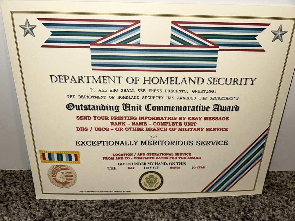 D.H.S. OUTSTANDING UNIT AWARD COMMEMORATIVE CERTIFICATE ~ TYPE-2 / W/PRINTING