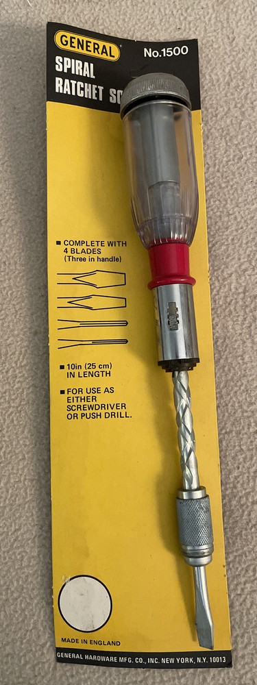 NOS GENERAL HARDWARE #1500 SPIRAL RATCHETING SCREWDRIVER w/packaging England