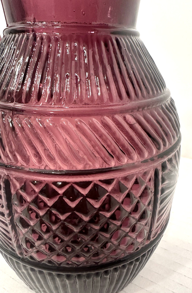 Vintage Amethyst Glass Pitcher With Embossed Design & Applied Handle 8"