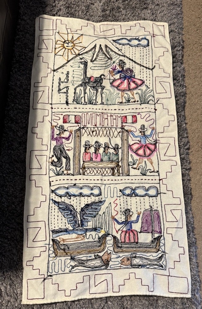 Vintage Peruvian Embroidered Textile Wall Hanging Folk Art Blanket