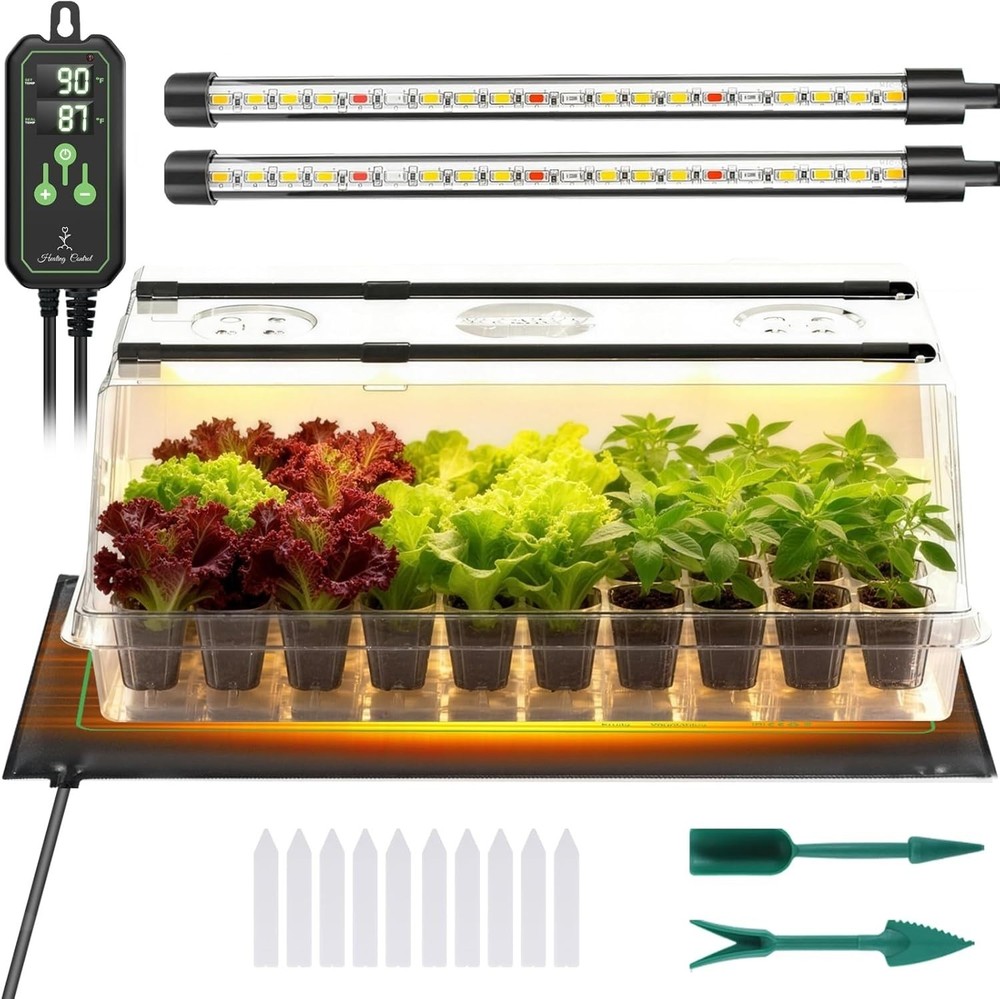 Large Seed Starter Tray with Grow Light & Thermostat Controller Heat Mat 60 Cell