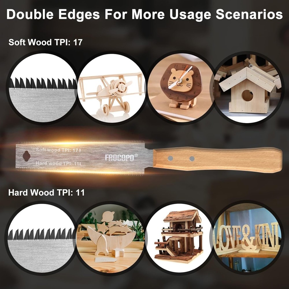 Hand Saw Woodworking Tools, Pull Saw, Flexible Double-Edge Blade 17/11 TPI