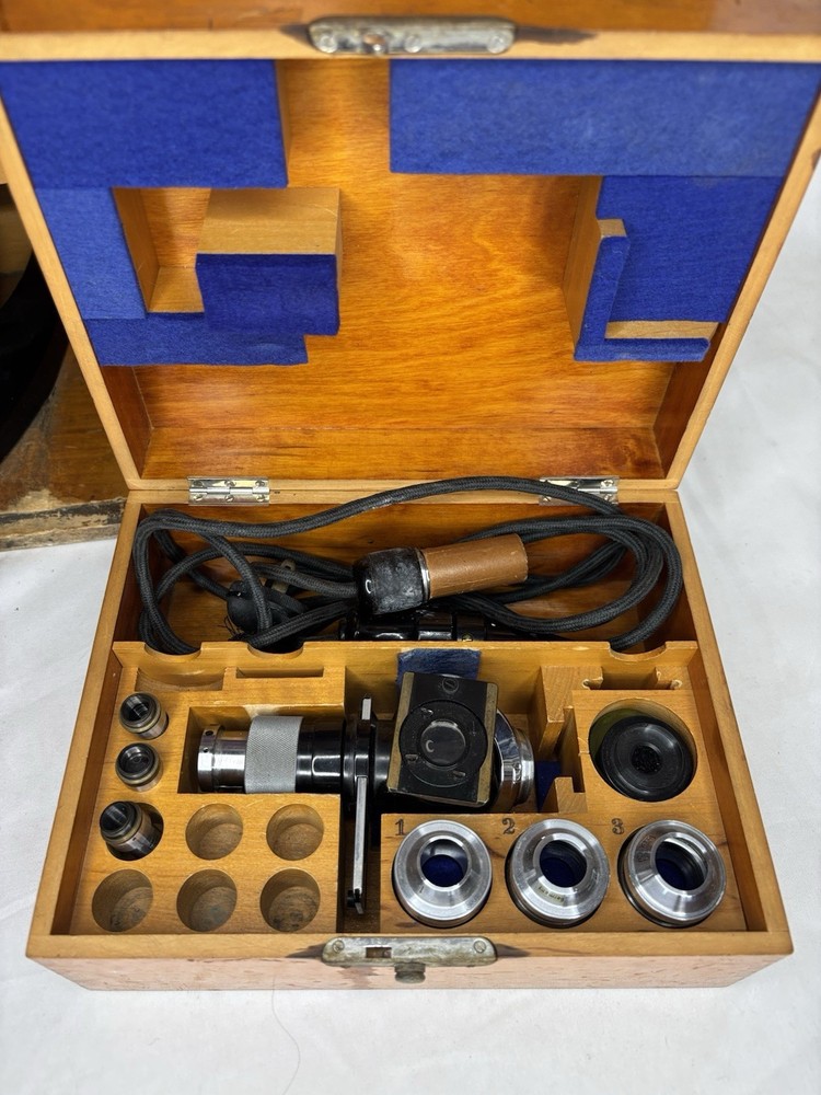 Carl Zeiss Jena Microscope with Box and Binocular Attachment