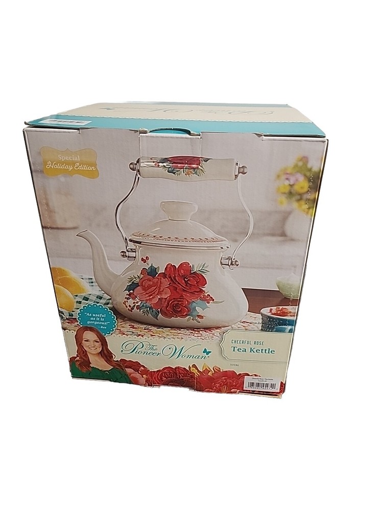 The Pioneer Woman Cheerful Rose Pattern Tea Kettle Pot 1.9 Quart Enamel on Steel