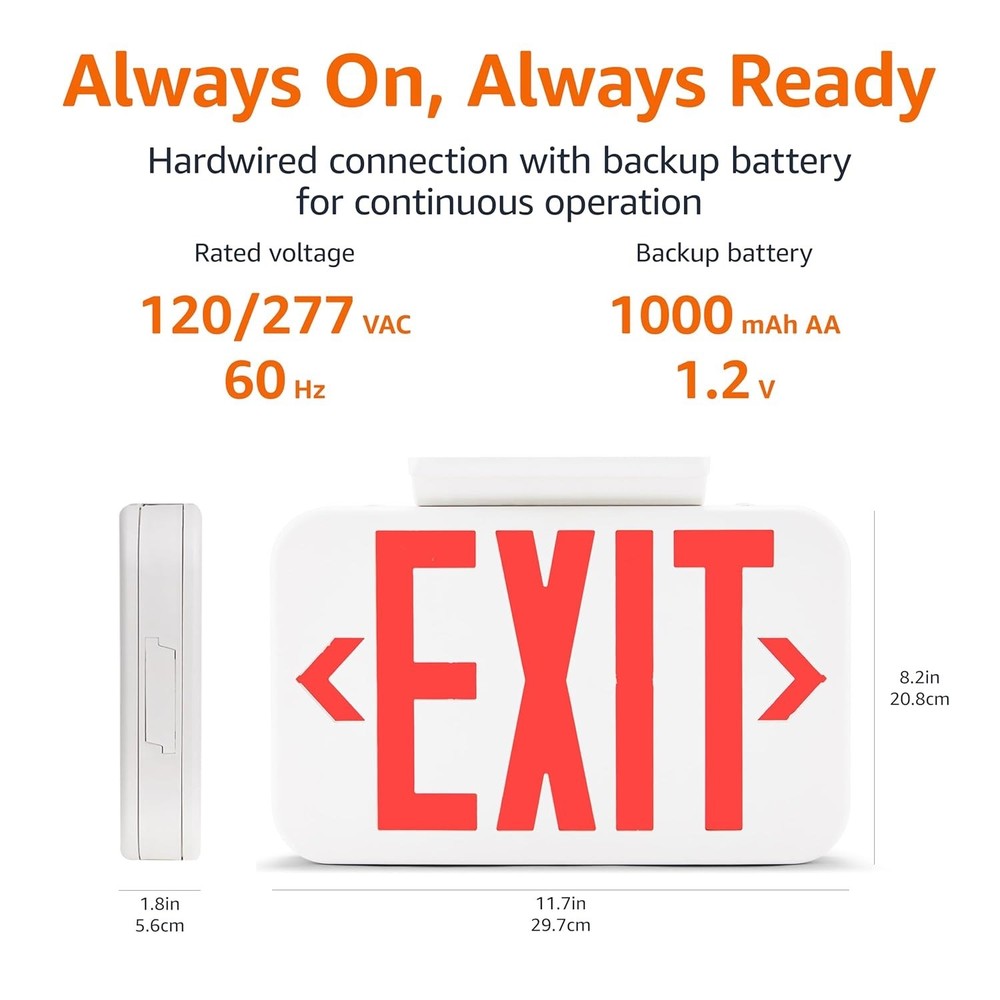 Amazon Basics LED Emergency Exit Sign, Double Face, Fire Resistant, UL Certified