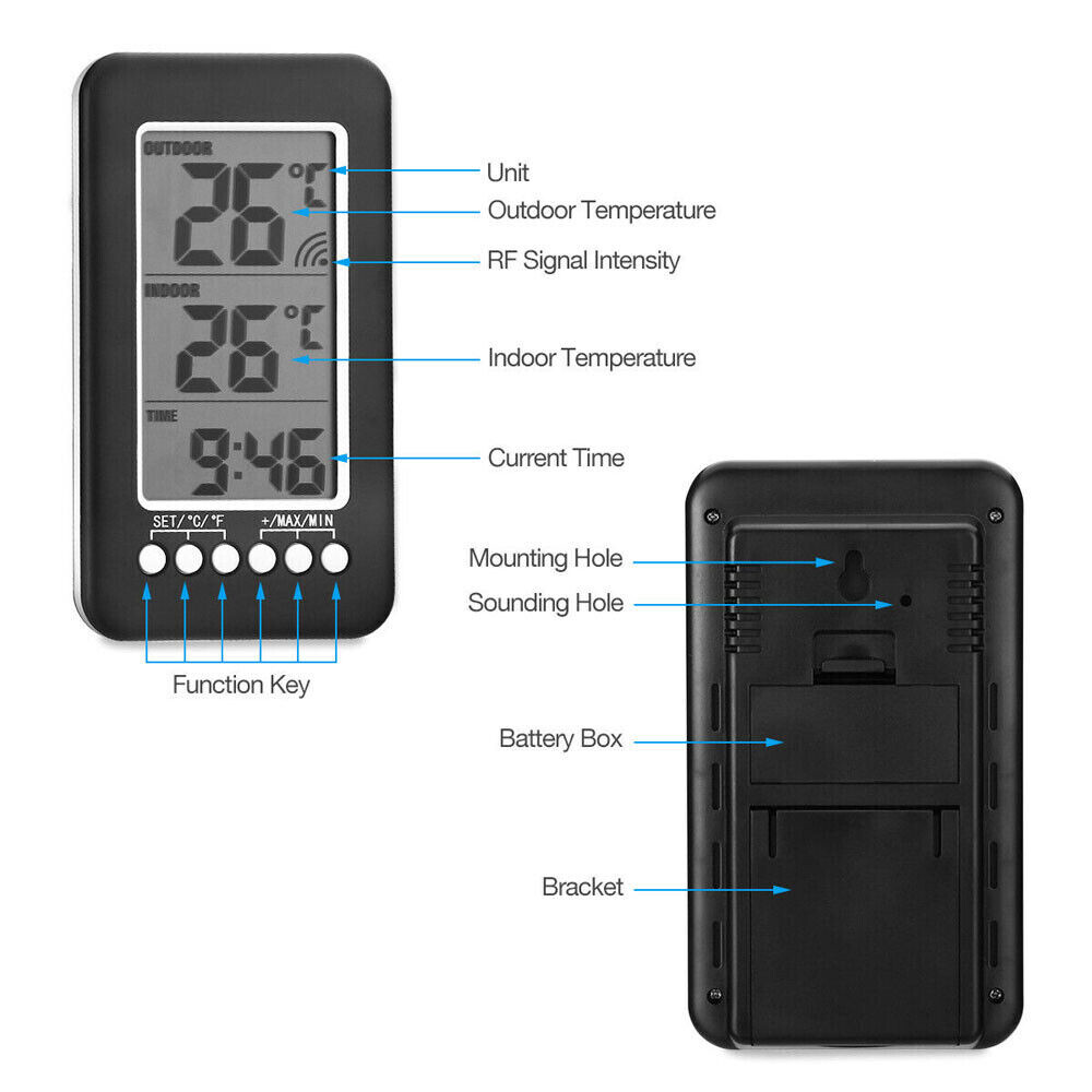 Digital Thermometer Clock LCD Temperature Meter Transmitter Humidity Monitor US