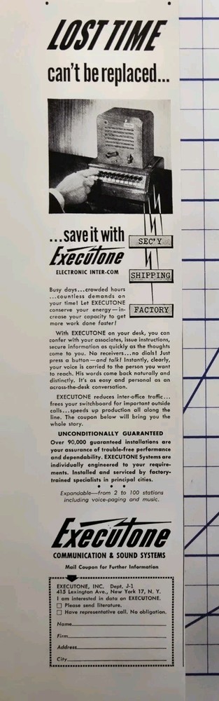 1946 Executone Electronic Inter-Com Ad - Communication and Sound Systems