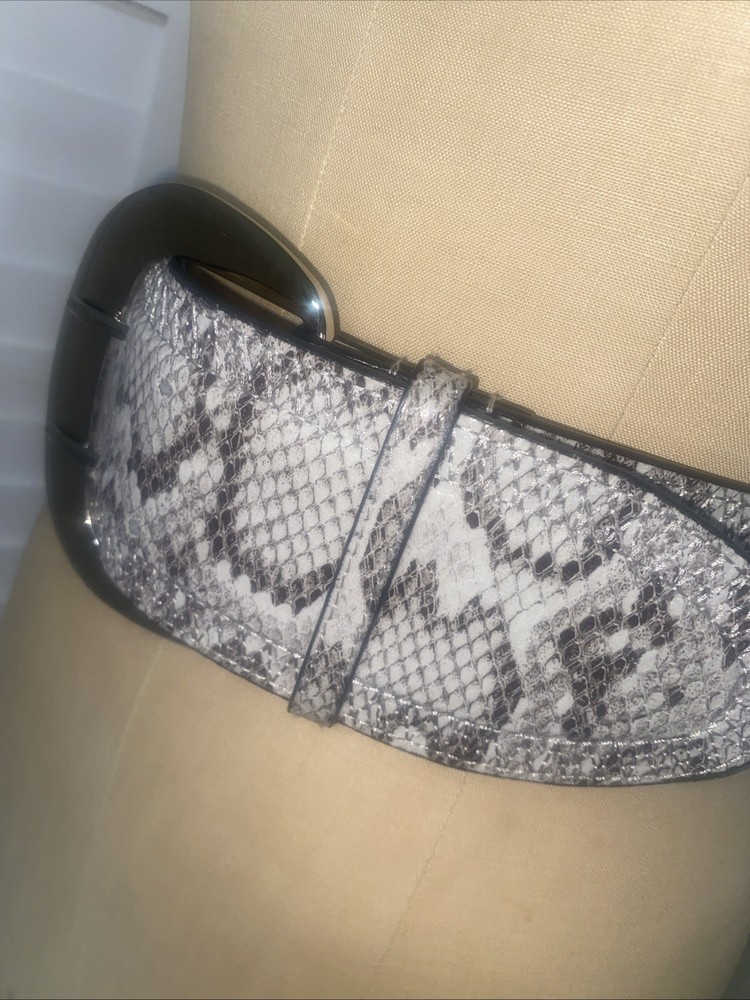 Python Snake Skin Leather Belt Stretch Back 3” Wide Silver Tone Double Buckle M
