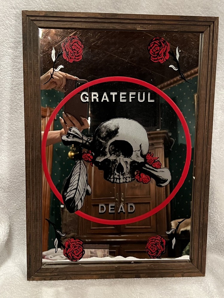 Grateful Dead Mirror Wall Deco Skull w/feather and Roses