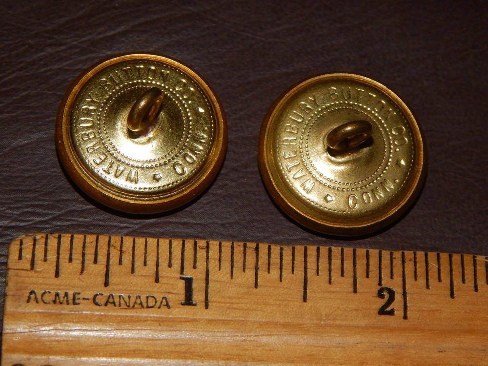 (2) U.S. MILITARY UNIFORM BUTTON EAGLE SHIELD GOLD TONE WATERBURY CO.