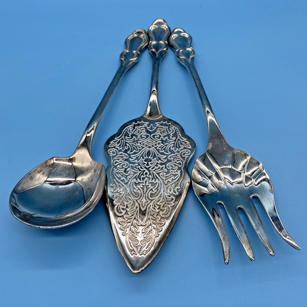 Stainless Steel Salad & Pie/Cake 3 PC Server Set - Nice Pattern & Heavy Duty-VTG