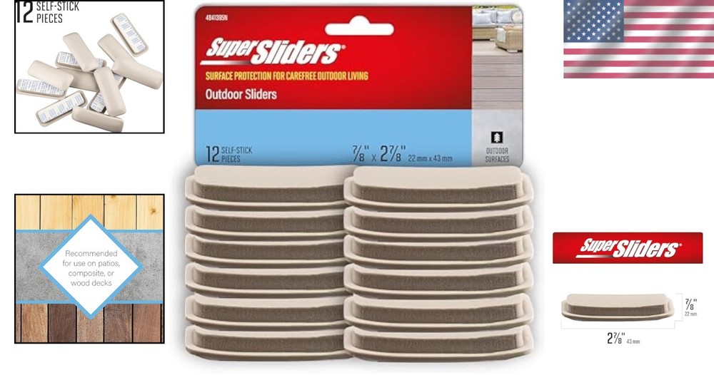 Durable 7/8" x 2 7/8" Rectangular Self-Adhesive Outdoor Sliders - Beige 12 Pack