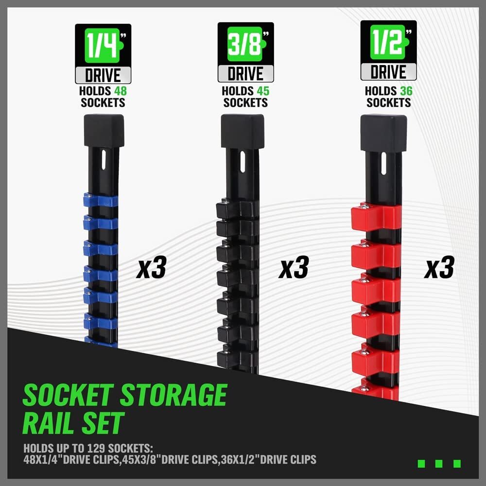 9PC ABS Socket Organizer 1/2 3/8 1/4 inch Drive Socket Rail Holders Wall Mount