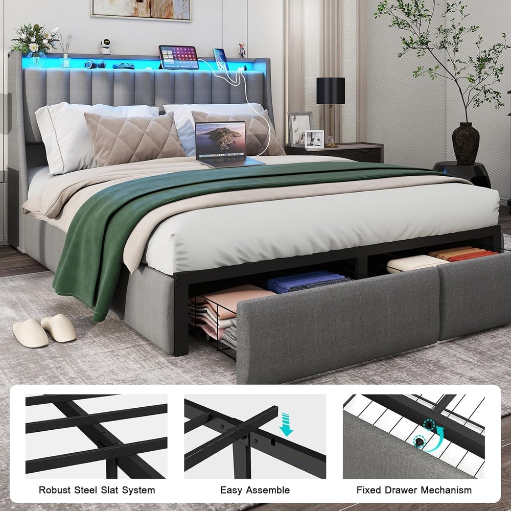 Full Queen Metal Bed Frame with Storage Drawers & Upholstered Storage Headboard
