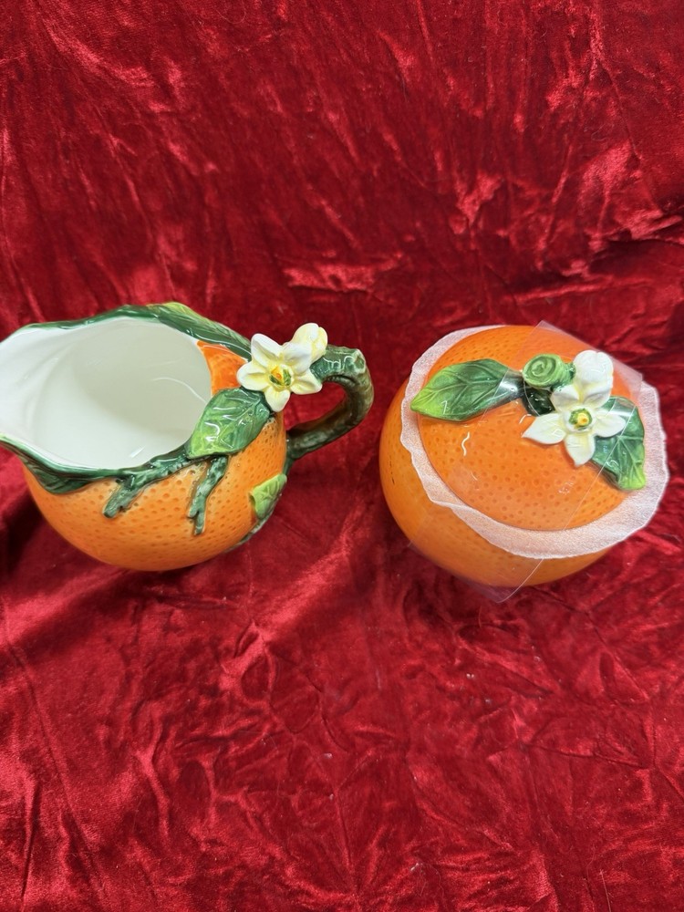 Corner Ruby Sugar W/ Lid And Creamer From The Orange Collection - New