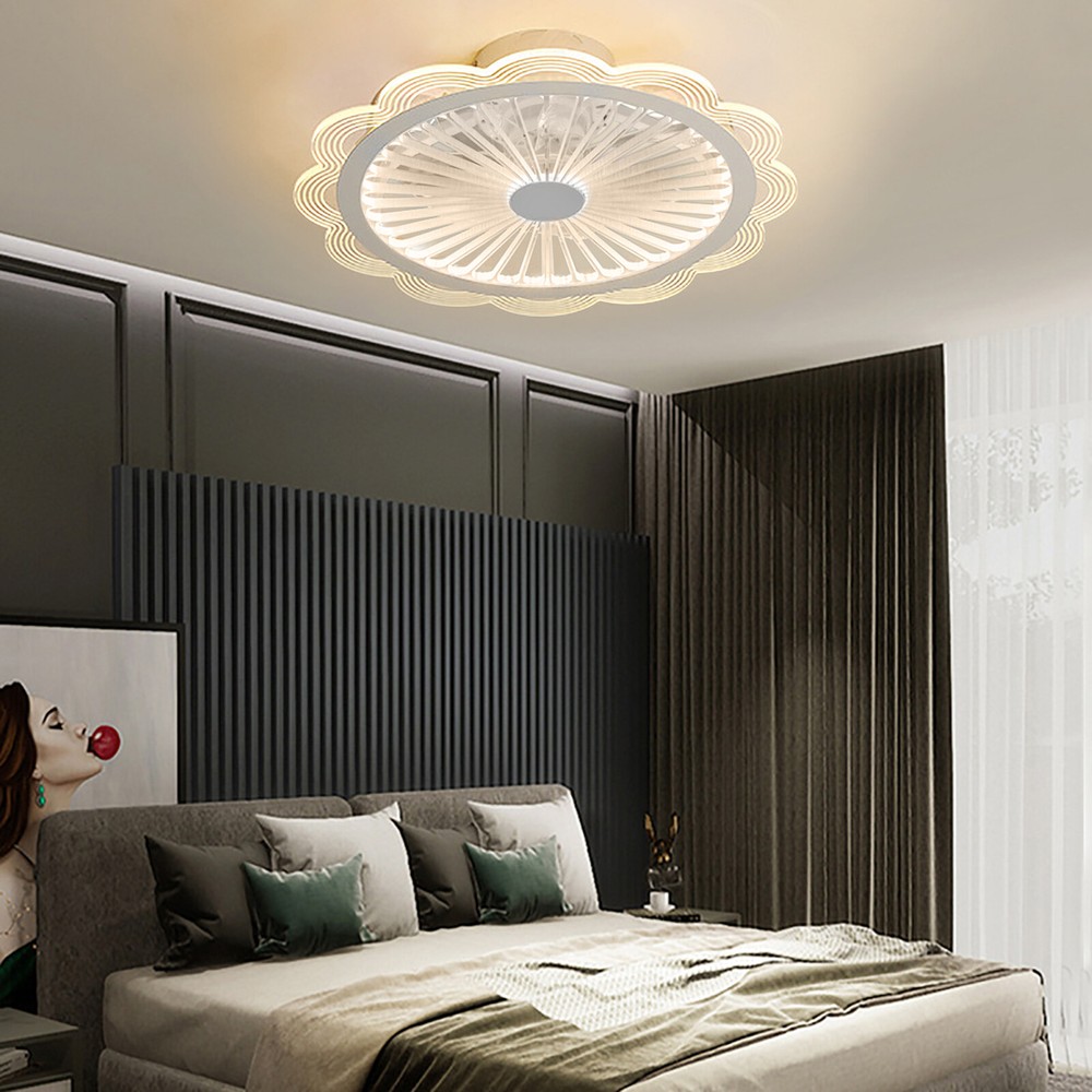 Flush Mount Ceiling Fan Light Dimmable LED Chandelier Fan W/ Remote Control