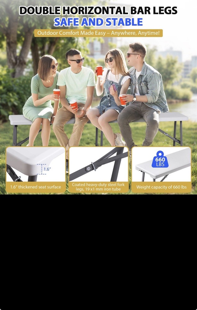 6ft Plastic Folding Bench 2 Pack Portable Waterproof Dining Seat w/ Handle White