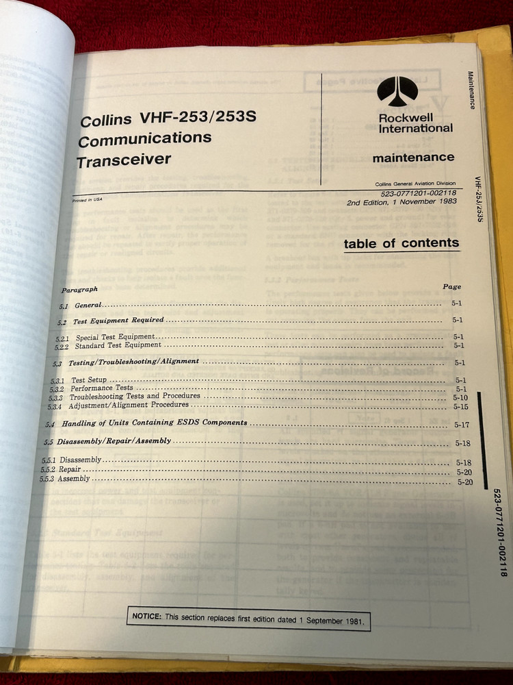 COLLINS VHF 253/253S COMM TRANSCEIVER INSTRUCTION BOOK