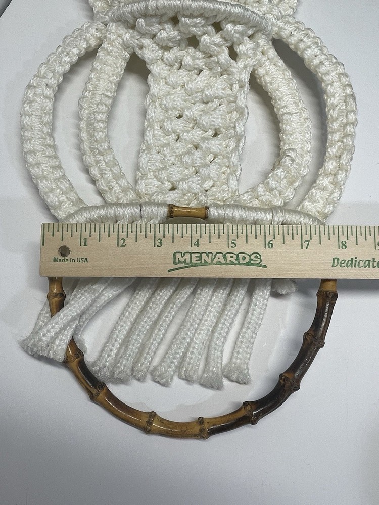 Frog Macrame Hanging Towel Holder White Ceramic Eyes Bamboo Handle Ring Toad 20”