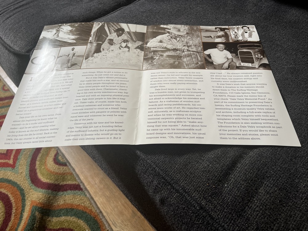 Vintage Surfing ephemera - Dale Velzy memorial program