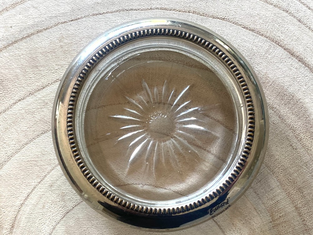 Vintage Leonard Silverplate and Glass Coaster Starburst Pattern