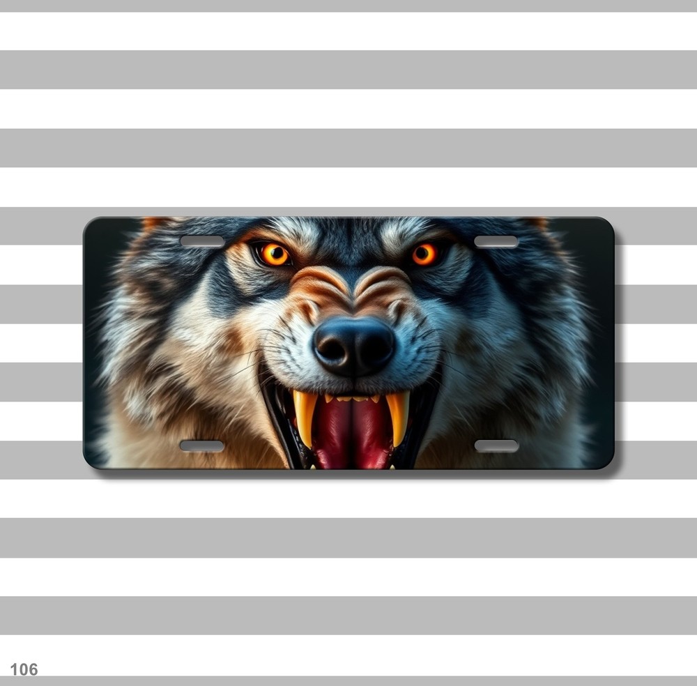 Intense Wolf License Plate with Sharp Teeth Personalized Front Plate Birthday Gi