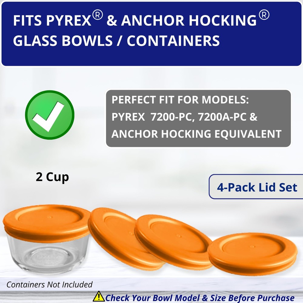 2 Cup/470 mL Orange Replacement Lids/Covers for Pyrex 7200-PC, 4 Pack,