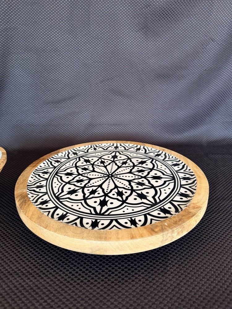 Lazy Susan Turntable Solid Wood With Boho Patterned Inlay And Matching Bowl