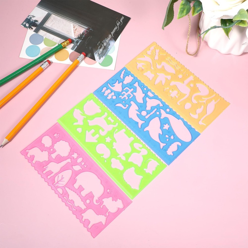 8 Pack Template for Drawing, Ruler Animal-Shaped Stencils Plastic Measuring Tool