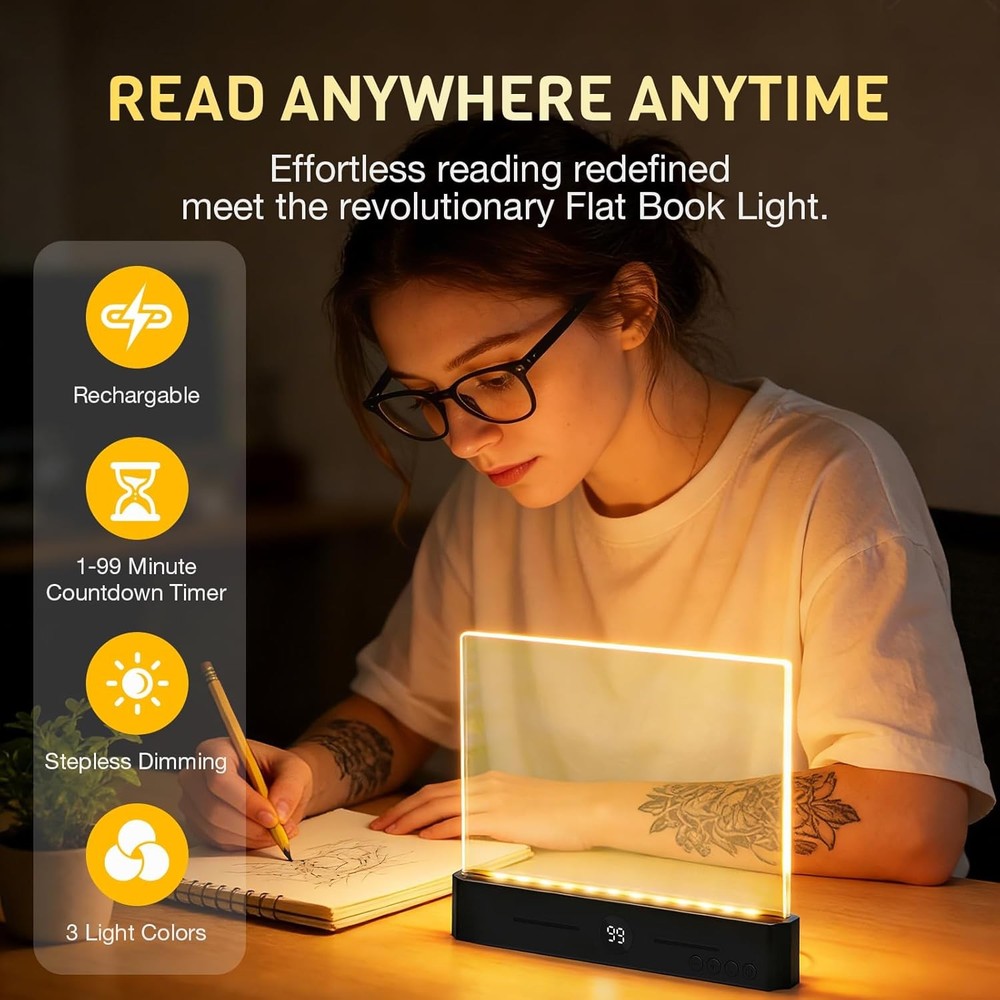 Book Light, Rechargeable Led Reading Light for Book, Clear LED Flat Book Lights
