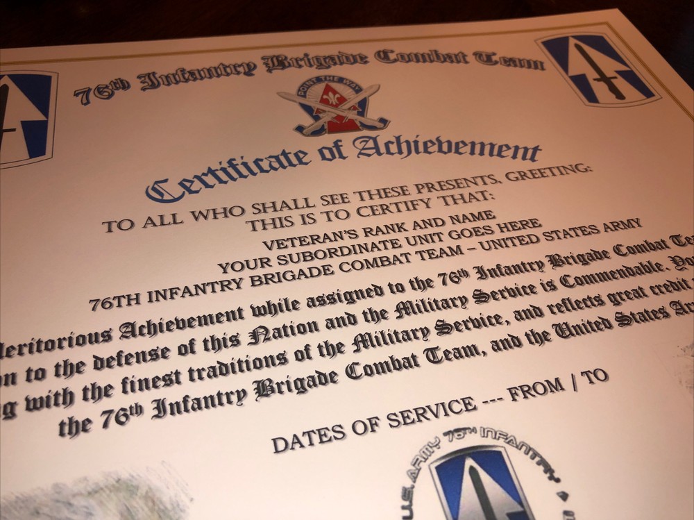 76TH INFANTRY BRIGADE COMBAT TEAM - COA / (COMMEMORATIVE CERTIFICATE)