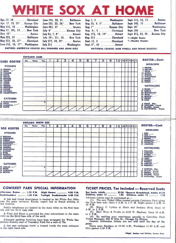 1954 Chicago Cubs vs White Sox Exhibition Game Scorecard Program Unscored