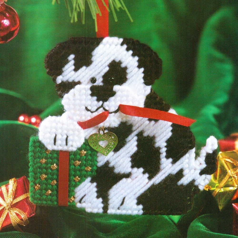 PUPPY-PLAY DOG CHRISTMAS ORNAMENT PLASTIC CANVAS PATTERN INSTRUCTIONS