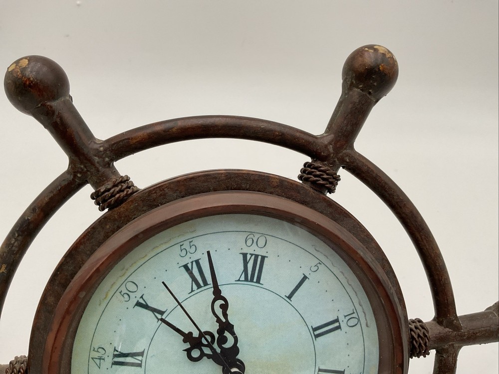 Nautical Ship Wheel-Style Clock Rustic Maritime Tabletop Decor *AS IS*