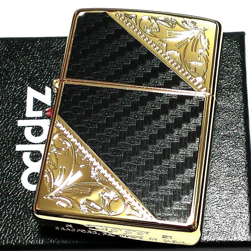 Zippo lighter Black Carbon Gold Etching Engraving 2 Sided Processing Regular