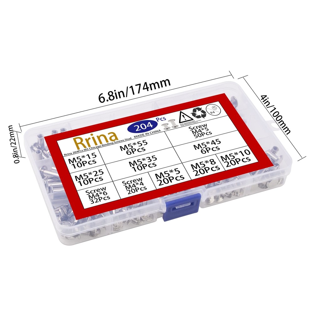 204PCS Assorted M5 Chicago Screws Stud Posts Rivets for DIY Leather Craft Use