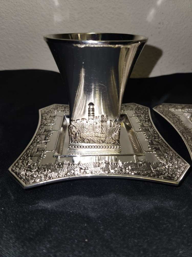 2 Silver Plated Jerusalem Wine Cups and Coasters