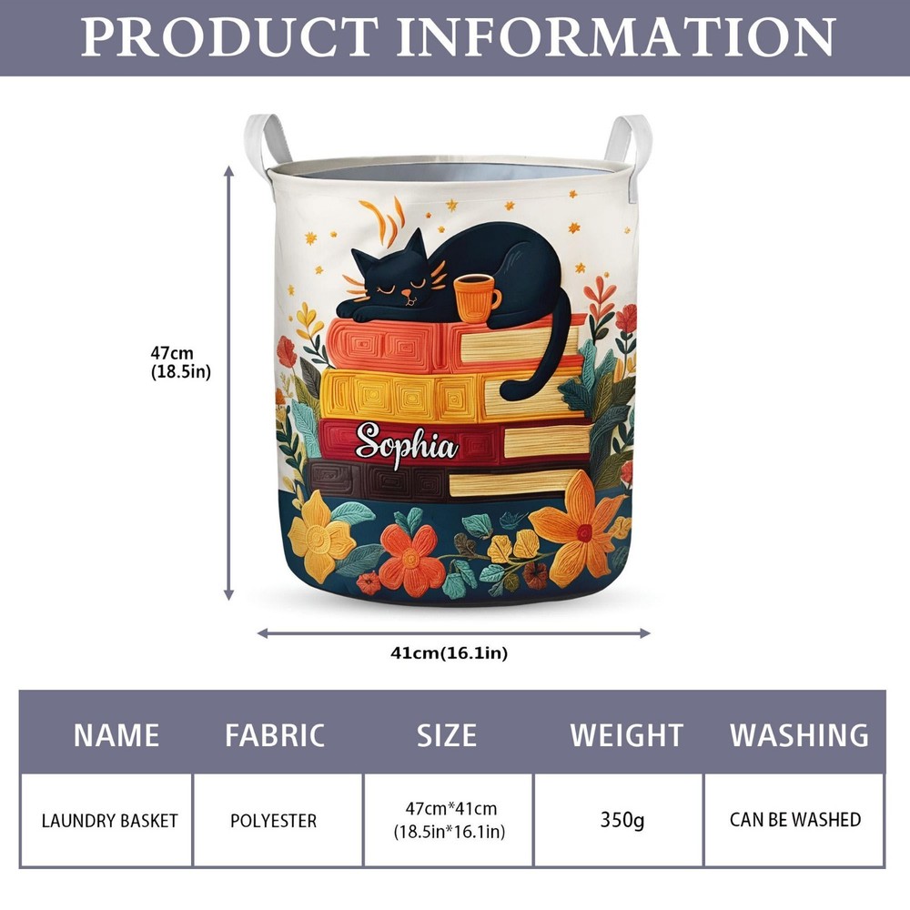 Personalized Cat Laundry Basket Book Lover Storage Hamper Custom Name Bedroom