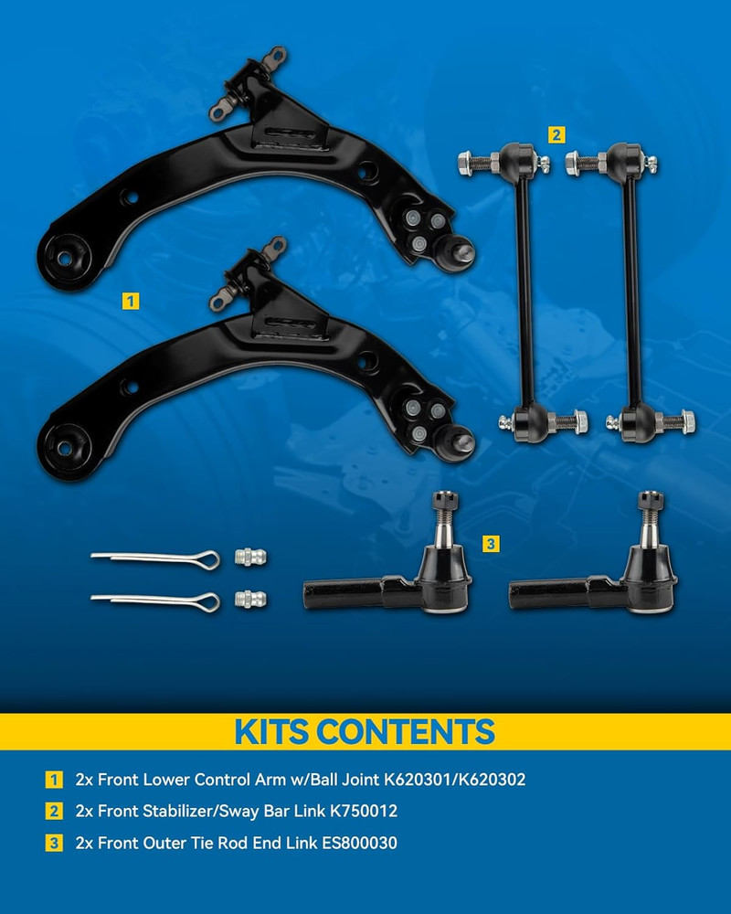 6Pcs Front Lower Control Arms with Ball Joint Tie Rod Sway Bar Link