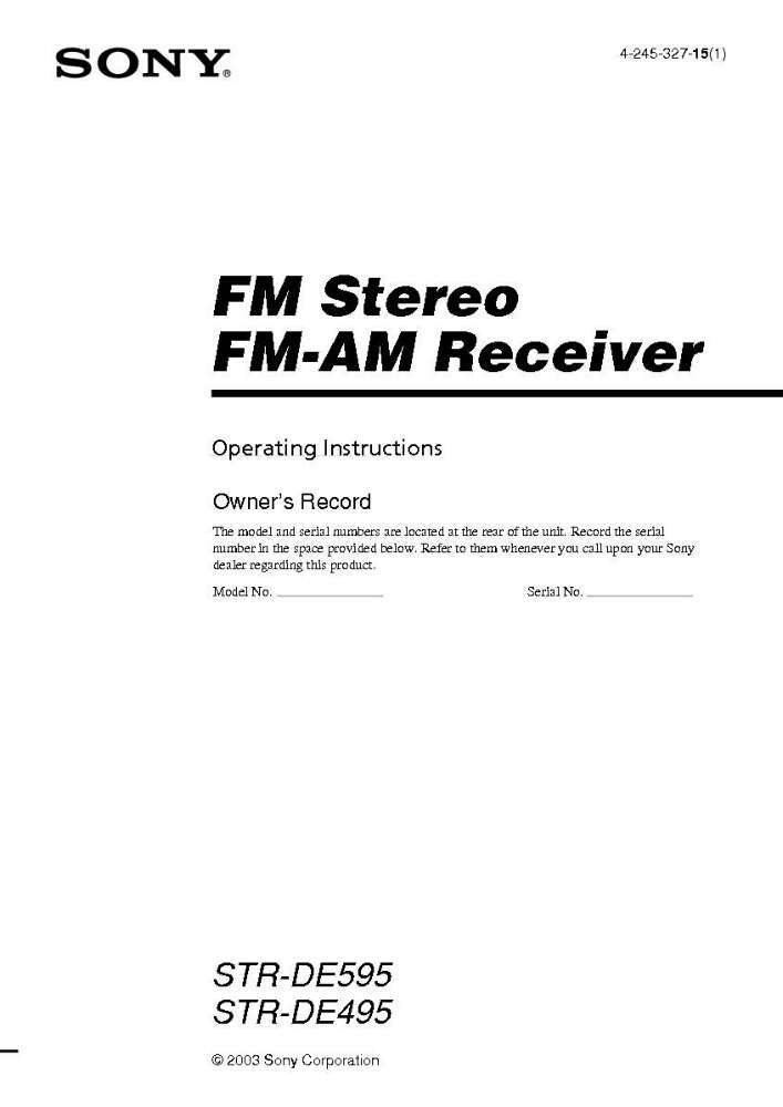 Sony STR-DE495 Amplifier / Receiver Owners Instruction Manual