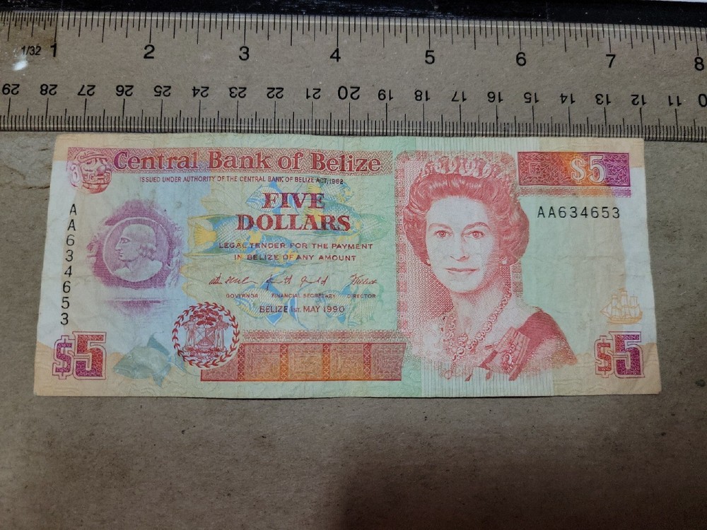 🇧🇿 Belize 5 dollars 1990  P-53a  banknote 070322-9