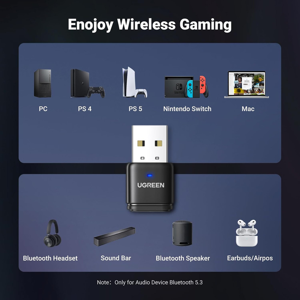 UGREEN Bluetooth 5.3 Adapter for PS4 PS5 USB Audio Transmitter APTX Connecting B
