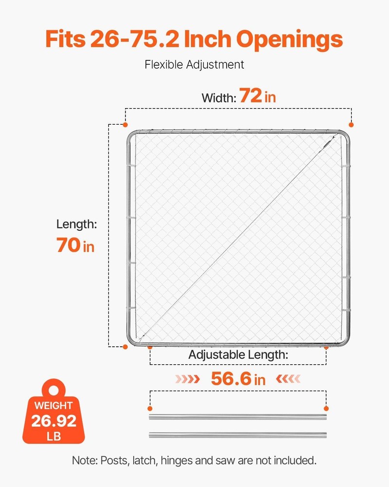 Rust-Resistant Galvanized Chain Link Gate 70x72in Adjustable Outdoor