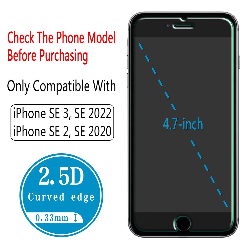2 Pack Screen Protector for iPhone SE 3, SE 2022, iPhone SE 2, SE 2020 Temper...