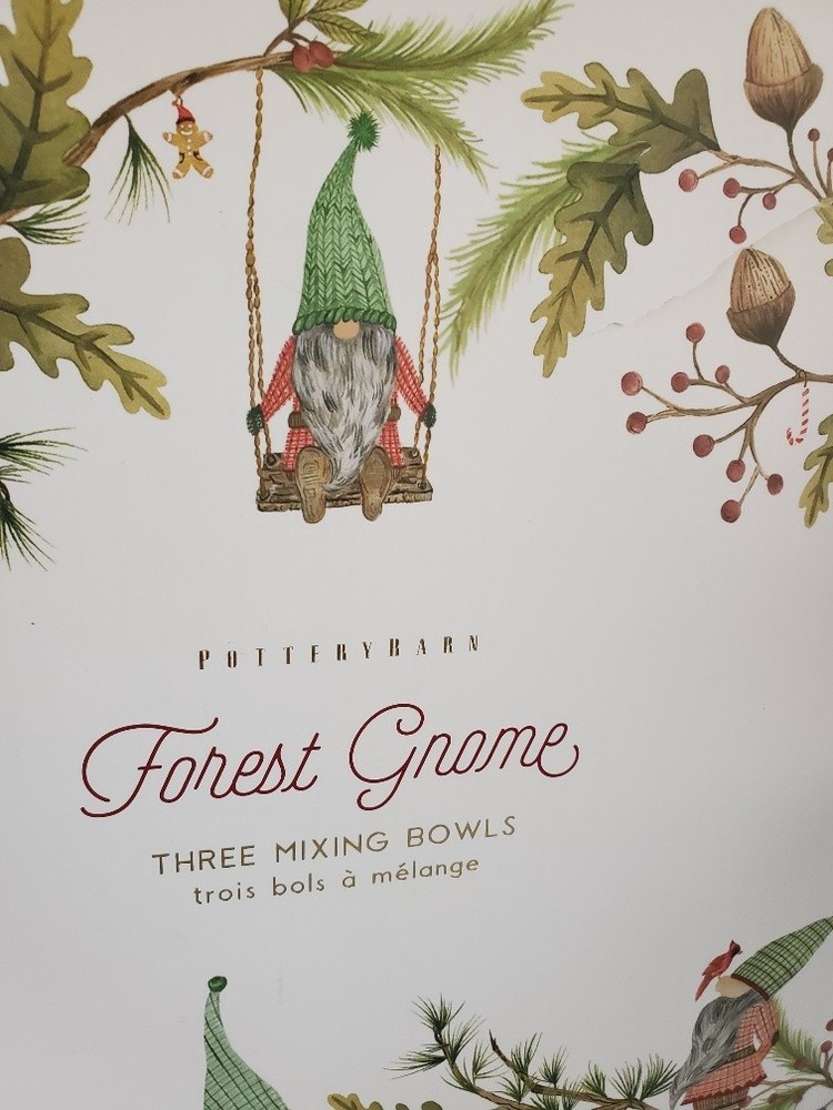 Pottery Barn Forest Gnome Three Mixing Bowls Nesting 3 pc Set with Original Box