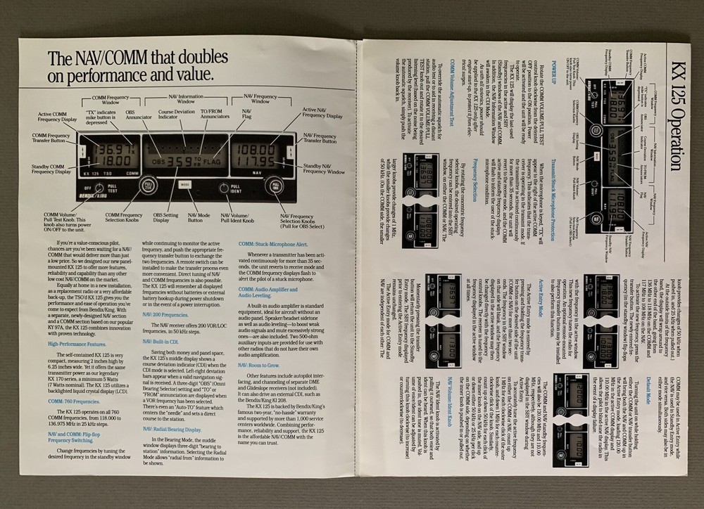 Bendix/King KX-125 Pilot TSO'd NAV/COMM System Tri-Fold Sales Brochure 1992