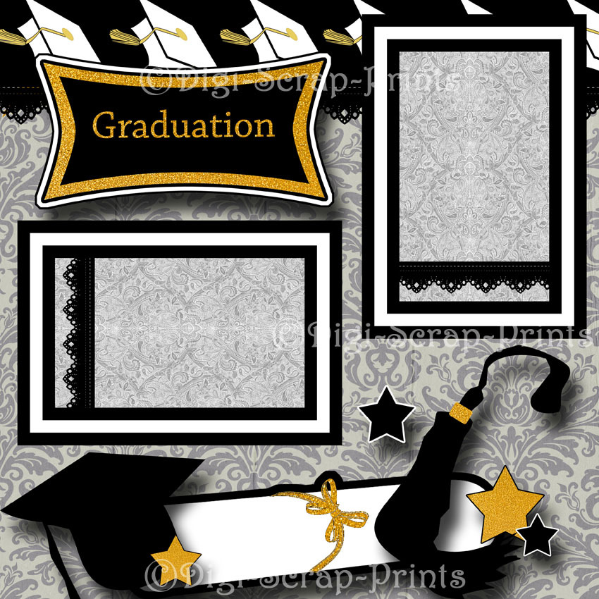GRADUATION ~ 2 pre-made scrapbook pages paper piecing layout school ~ DIGISCRAP